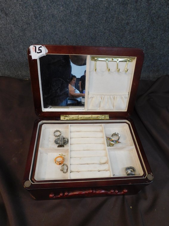 Wood Jewelry Box with Assorted Costume Jewelry Items 12" x 8" x 4 1/2"