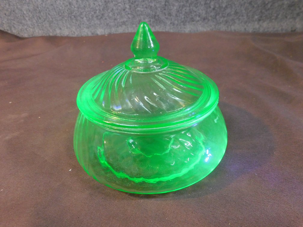 Vintage Green Uranium Glass Candy Dish with Lid 3" x 6"