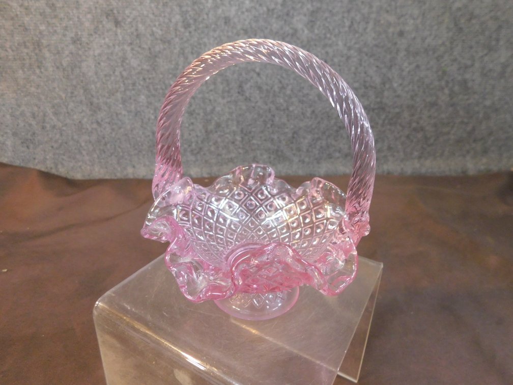 Fenton Pink Art Glass Basket with Ruffled Rim 5 1/4" T