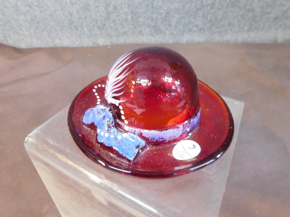 Fenton Hand painted Hat By D. Fredrick 4 1/2" W, with Stand