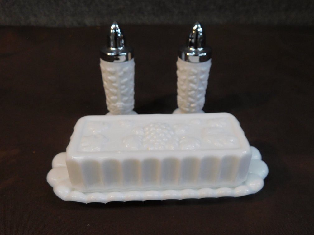 Vintage Westmoreland Milk Glass Salt & Pepper Shakers, Butterdish