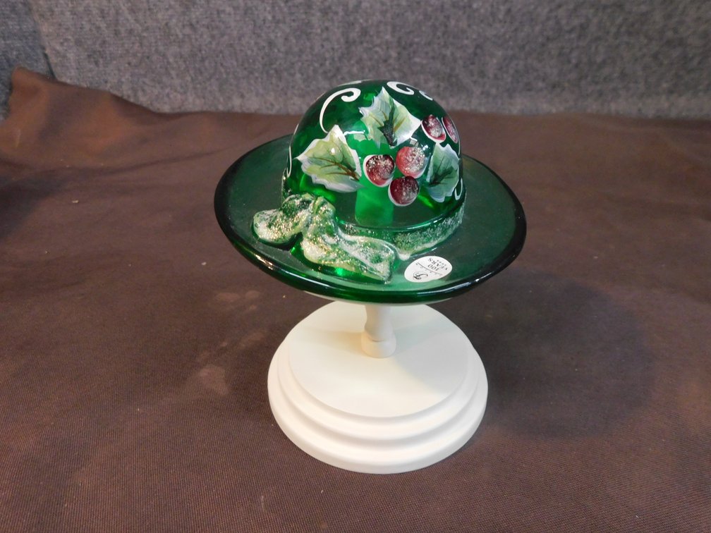Vintage Fenton Hand painted Hat By J. Powell 4 1/2" with Stand