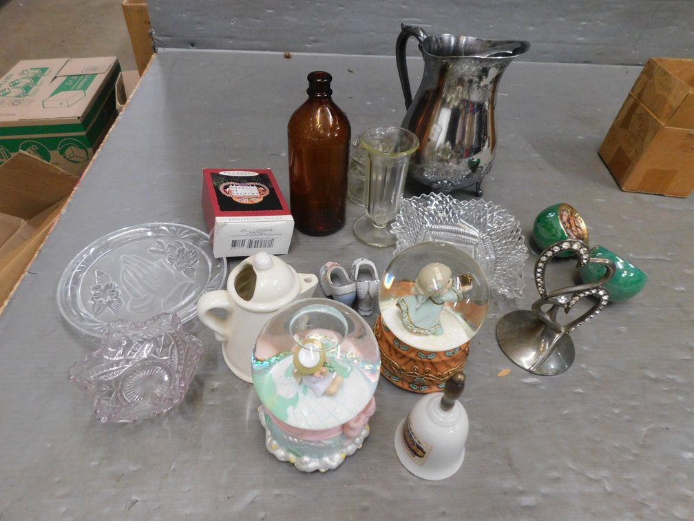 Crate with Ornaments, Silverplated Beverage Pitcher, Glass Insulators etc.