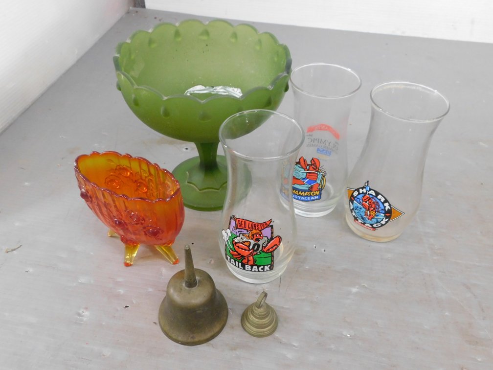 Red Lobster Glasses, Green Pedestal  Bowl etc.