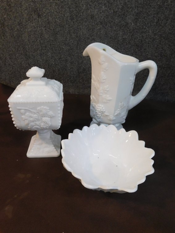 Vintage Milk Glass Footed Pitcher, Bowl, Candy Dish
