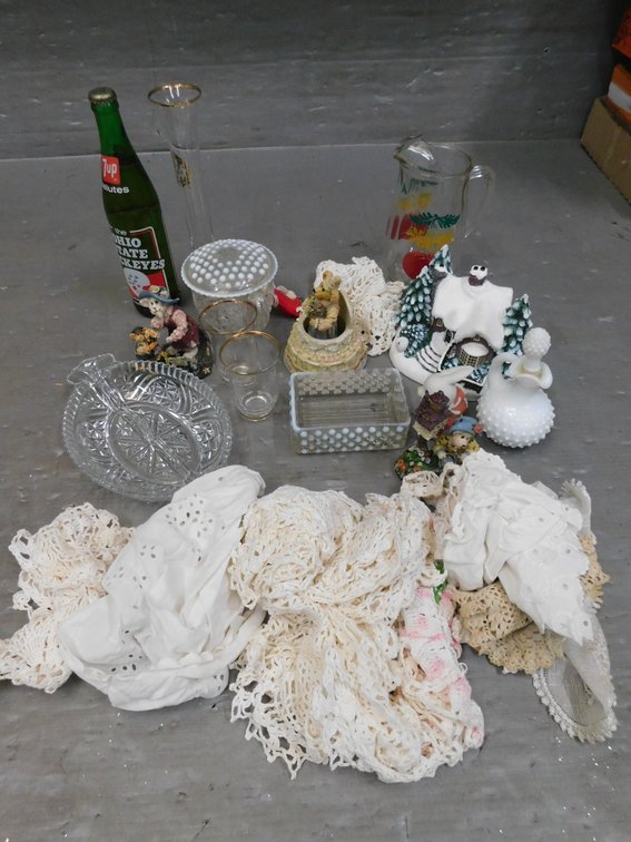 Collector Pop Bottle, Beverage Pitcher, Doilies, Figurines etc.