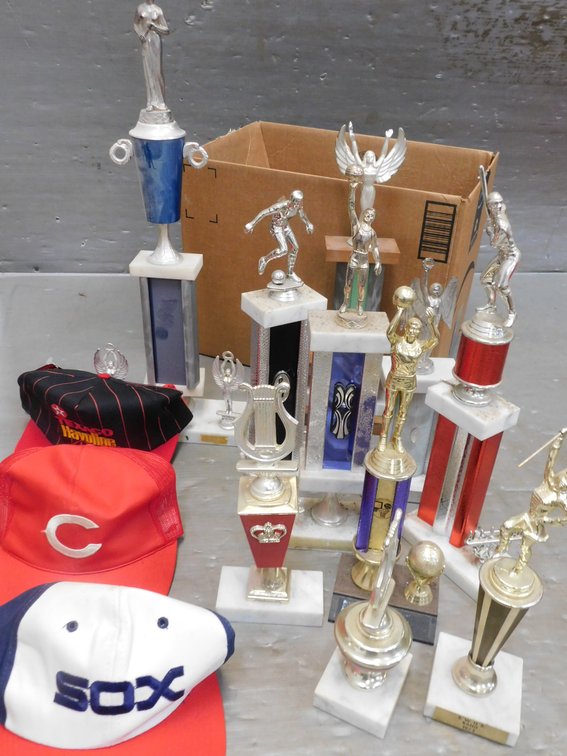 Lot of Assorted Trophies, Ball Caps etc.