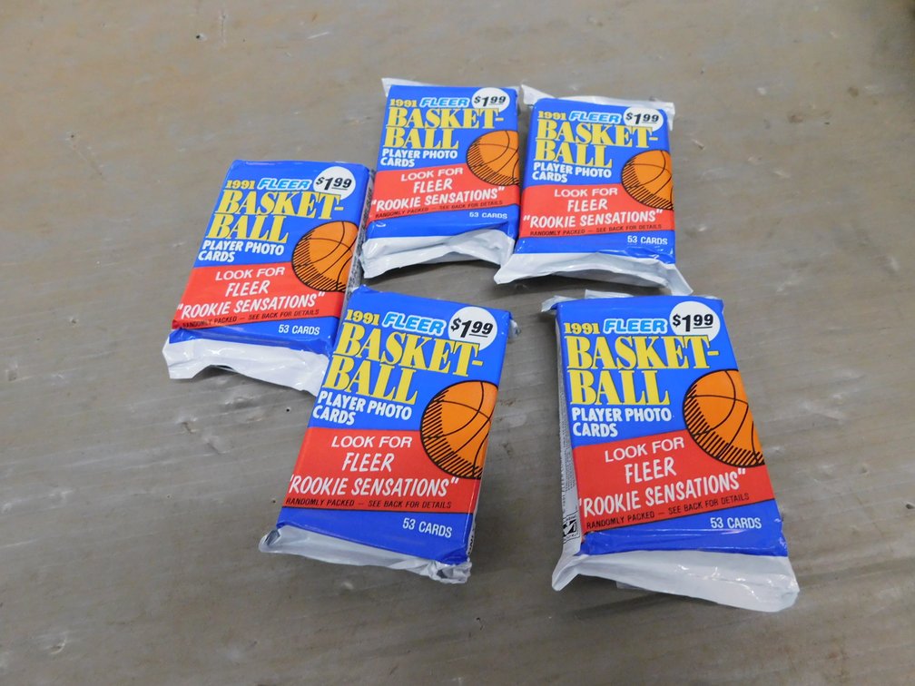 Five Packs of 1991 Fleer Basketball Player Photo Cards, Sealed Packages