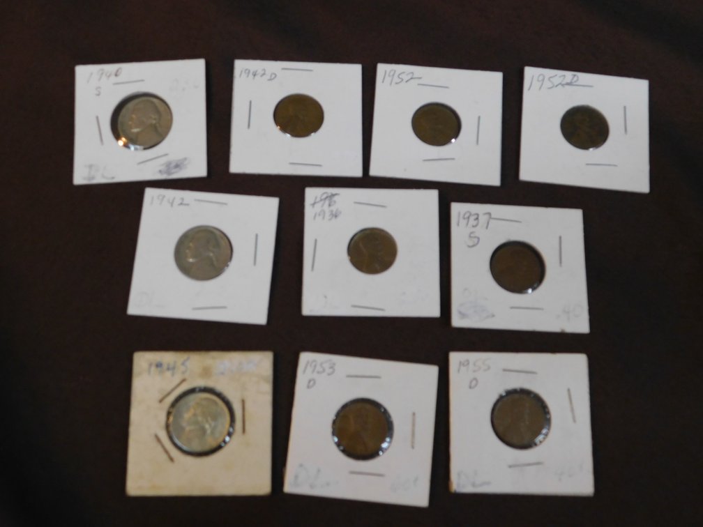 Seven Assorted Dates Lincoln Wheat Pennies, Three Jefferson Nickels