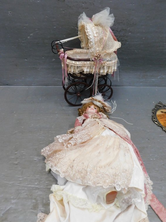 27" T Porcelain Doll with Doll Buggy