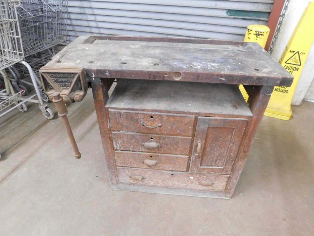 Vintage Wood Workshop Table C. Herriman Chicago Ill Pat Oct 27 1908 NO. 7, 40" x 20 1/2" x 32