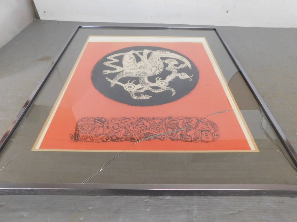"Aztec Circle" Etching by Gabrielle Brill 1973 with Certificate of Authenticity Framed, Glass IS Broke 32 1/2" x 38 1/2"