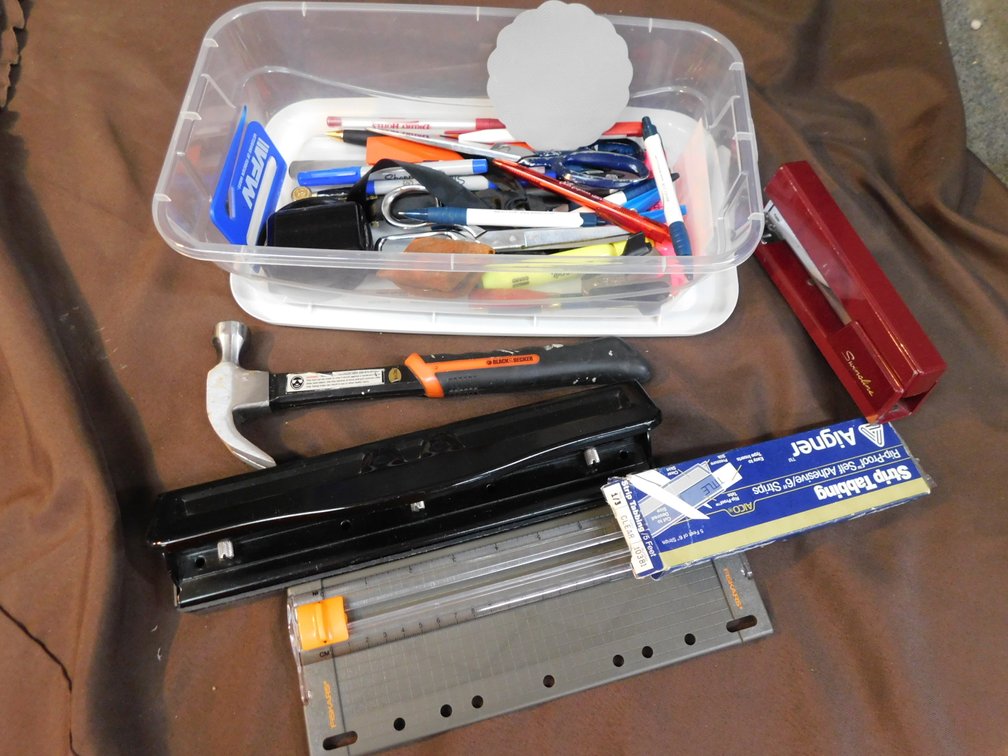 Storage Box with Office Supplies, Hammer, Hole Punch Etc.