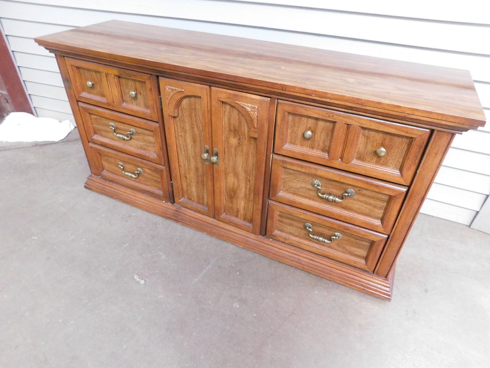 Six Drawer Pecan Finished Dresser 64" x 18" x 31"