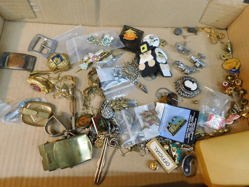 Lot of Assorted Costume Jewelry, Cuff Links, Pins, Belt Buckles etc.