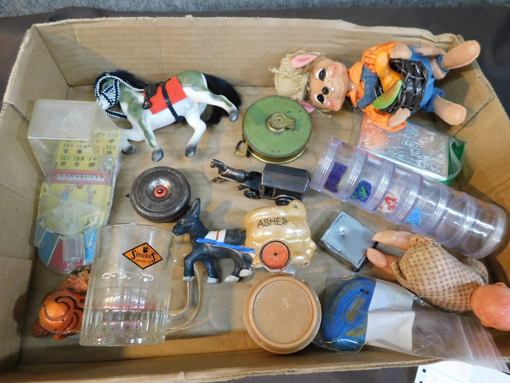 Assorted Trinkets, Wind Up Baby, Playing Card Holder, Pencil Sharpener etc.