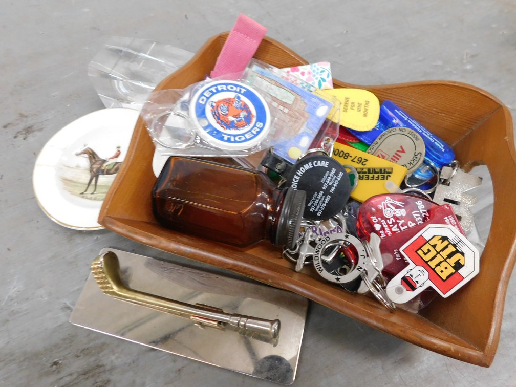 Tray with Assorted Keychains, Paperweight etc.