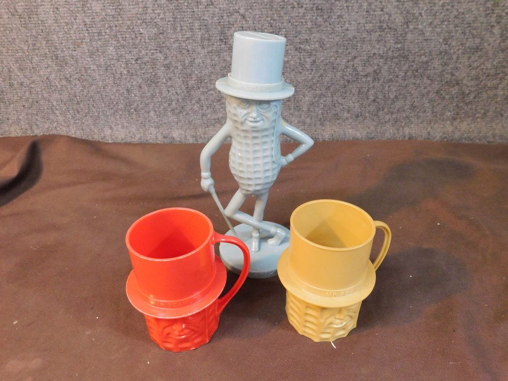Vintage Blue Plastic Mr. Peanut Coin Bank, Mr. Peanut Plastic Mugs