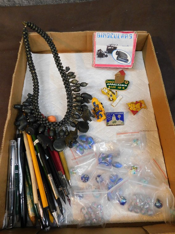Assorted Beads, Pins, Necklace, Fountain Pins, Binoculars etc.