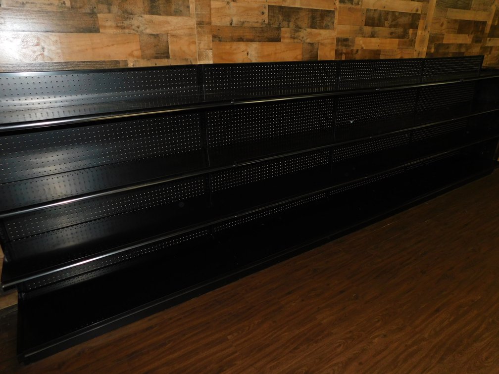 4 Sections of Black Wall Gondola Shelving with Shelves, 4ft W x 54" T