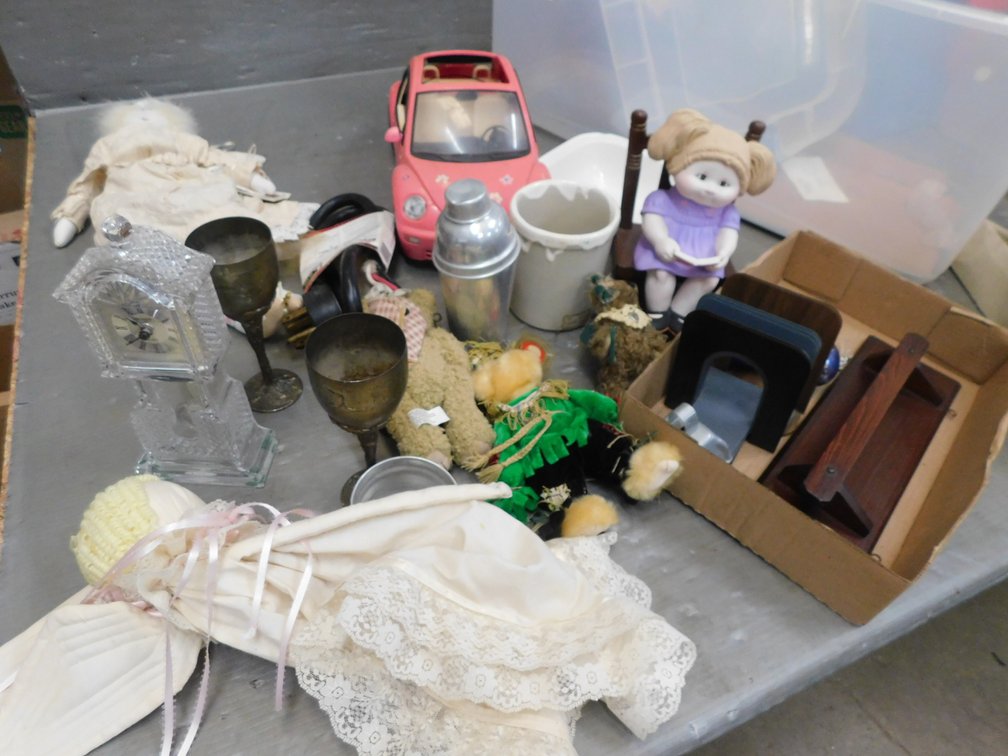 Tote with Assorted Household Items, Martini Shaker, Graniteware Pan, Doll etc.
