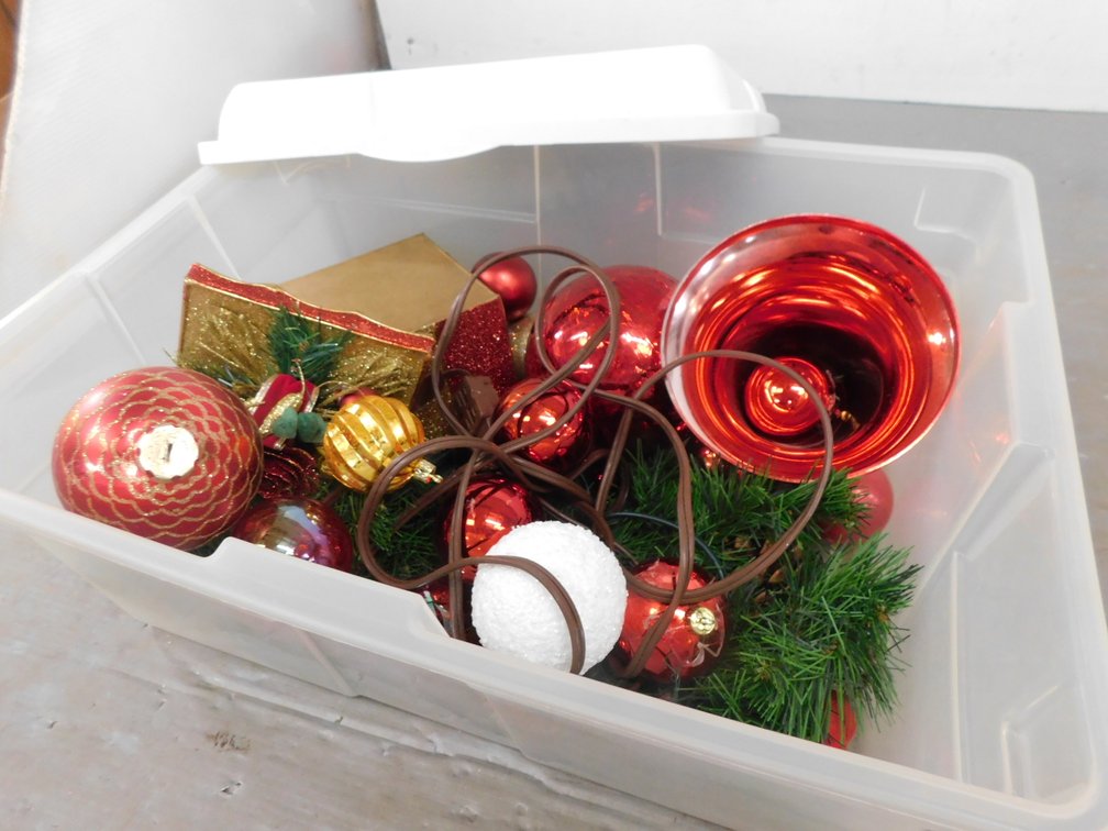 Tote with Lid with Assorted Christmas Decorations 15" x 21" x 10"