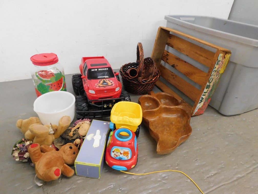 Tote with Assorted Bears, Household Items, Toys etc.