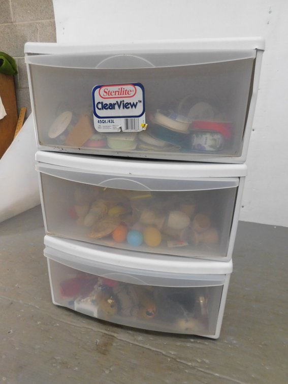 Three Sterilite Clearview 45 Qt Storage Bins with Assorted Items