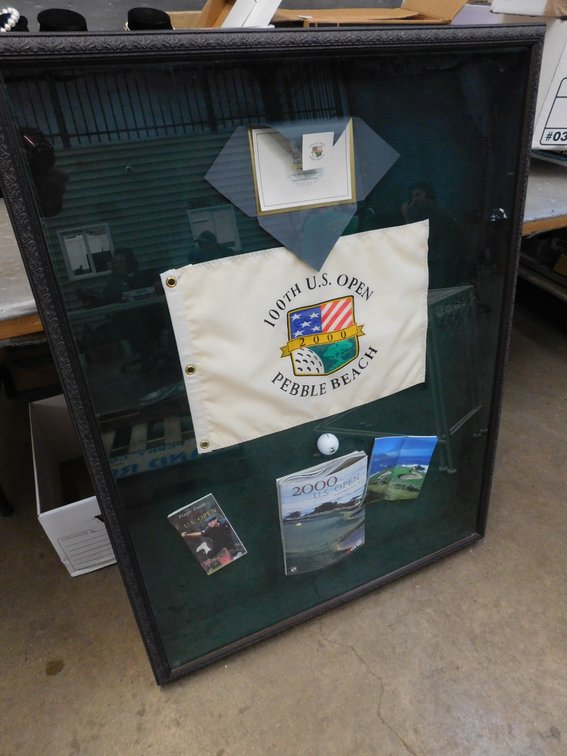 Collectible 100th U.S. Open Pebble Beach Hole Flag, Invitation, Brochure in Display 34 1/4" x 4 1/2" x  44 1/4"