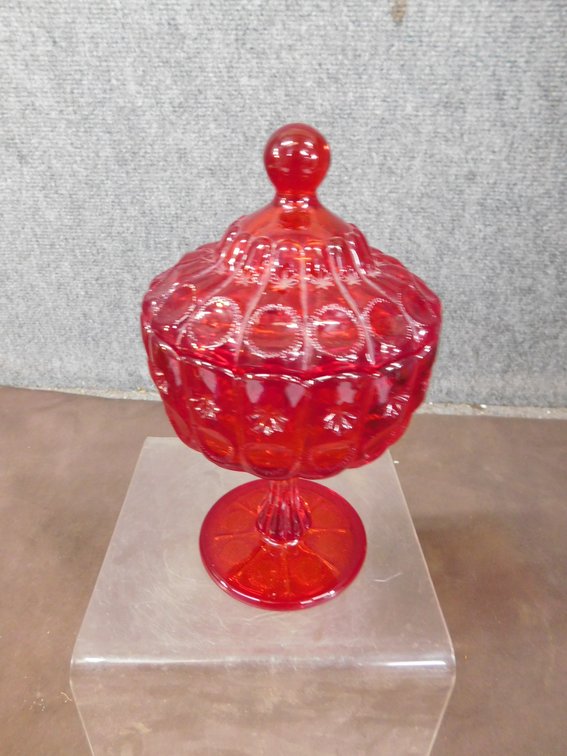 Ruby Red Moon And Stars Covered Compote with Pedestal Base 7"