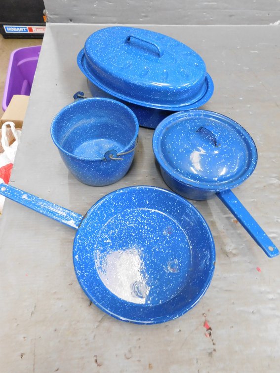 Blue and White Speckled Enamelware Pots and Pans