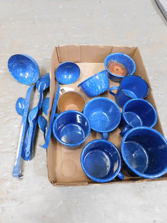 Blue and White Speckled Enamelware Cups, Ladles