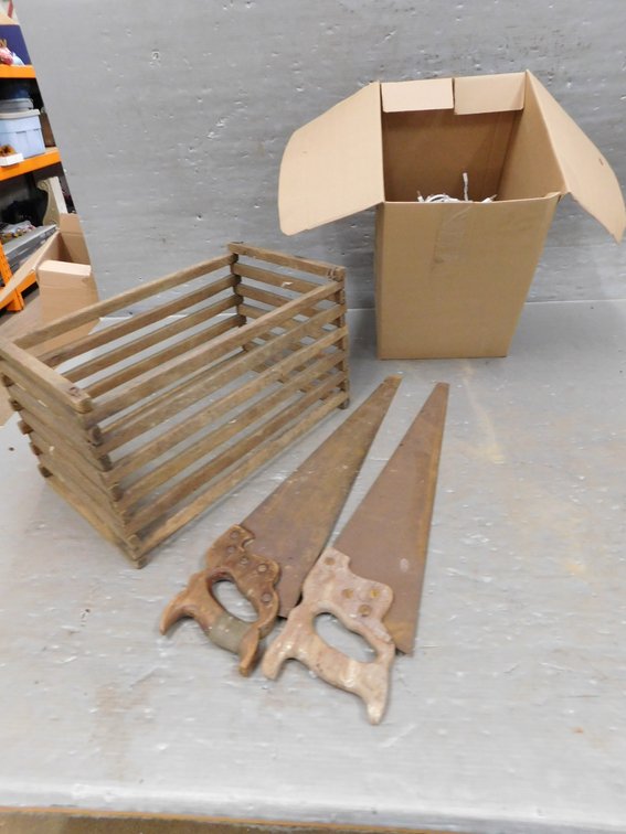 Christmas Lights, Hand Saws, Wood Crate