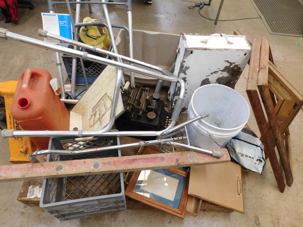Pallet Lot Two Walkers, Cane, Milk Crate, Frames etc.