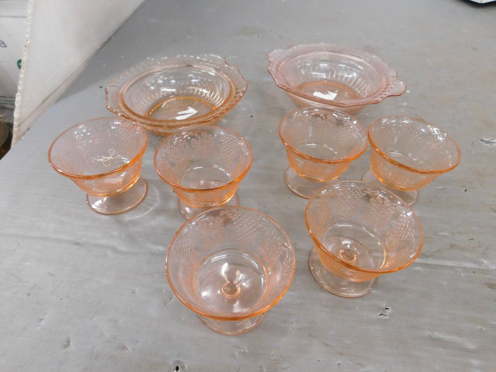 Pink Depression Glass Six Bouquet and Lattice Sorbet Cups, Two Cabbage Rose Bowls