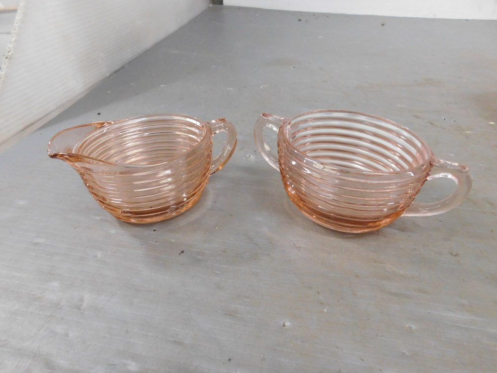 Manhattan Pattern Pink Depression Glass Cream and Sugar Dishes