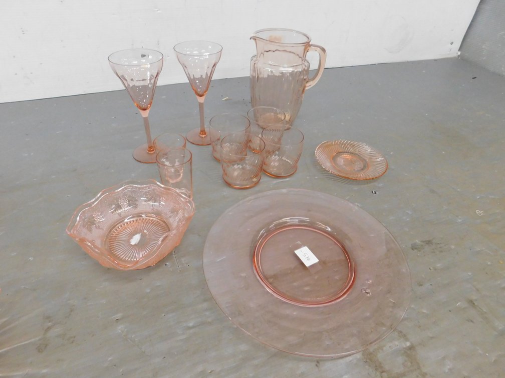 Pink Depression Glass Water Pitcher, Goblets, Cups etc.