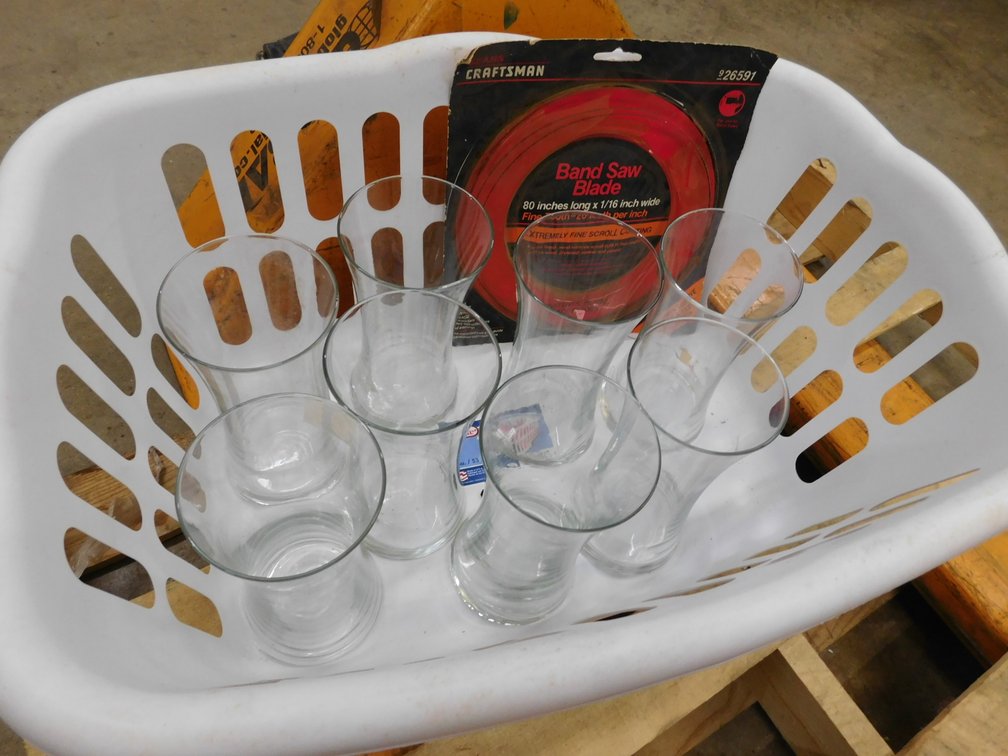 Laundry Basket with Assorted Glass Vases