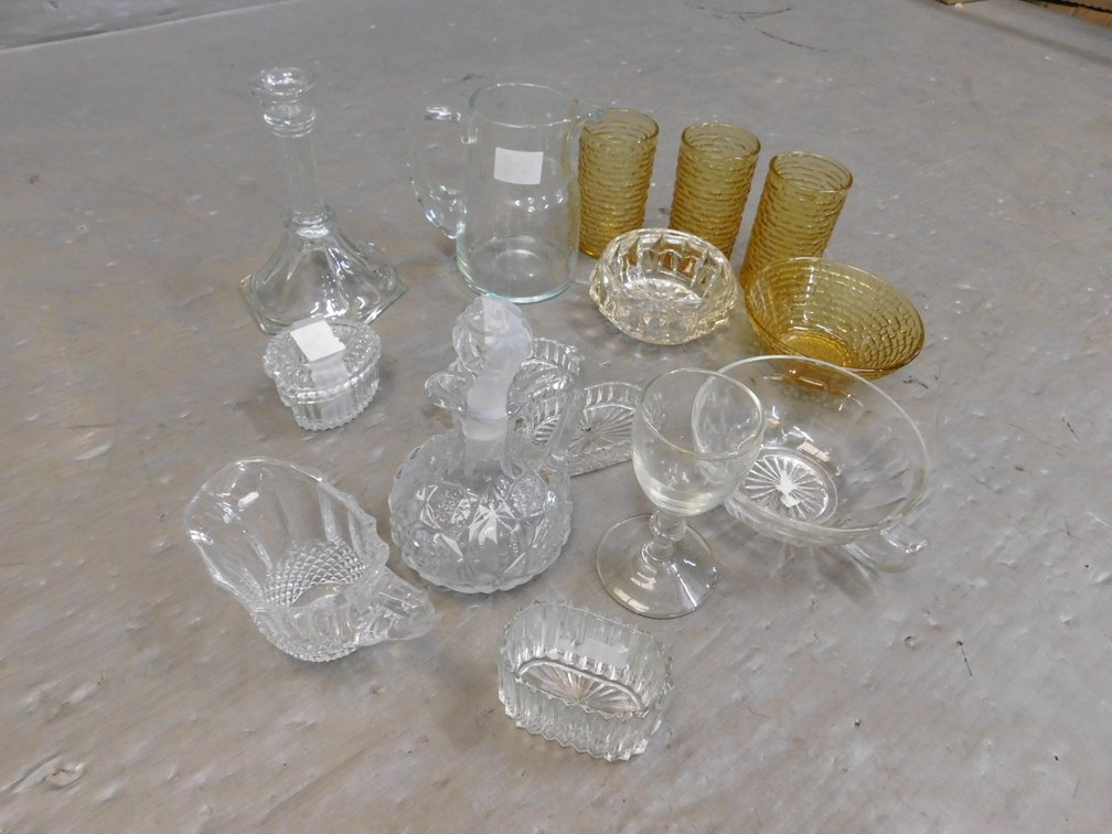 Glass Pitcher, Cups, Candlestick etc.