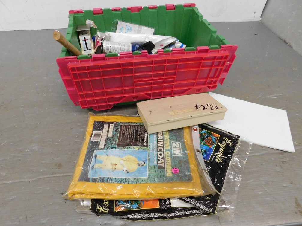 Plastic Table Skirts. Rain Coat, Household Items in Tote