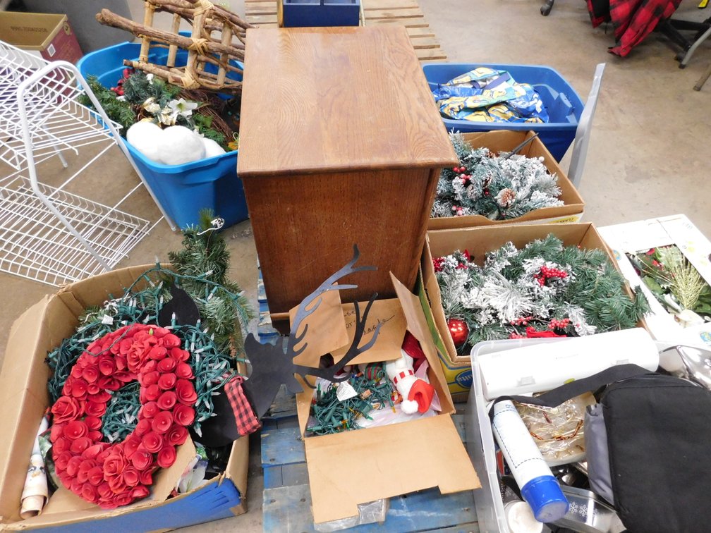 Pallet Lot of Assorted Household Items, Christmas Decorations, Shoe Rack, Totes etc.