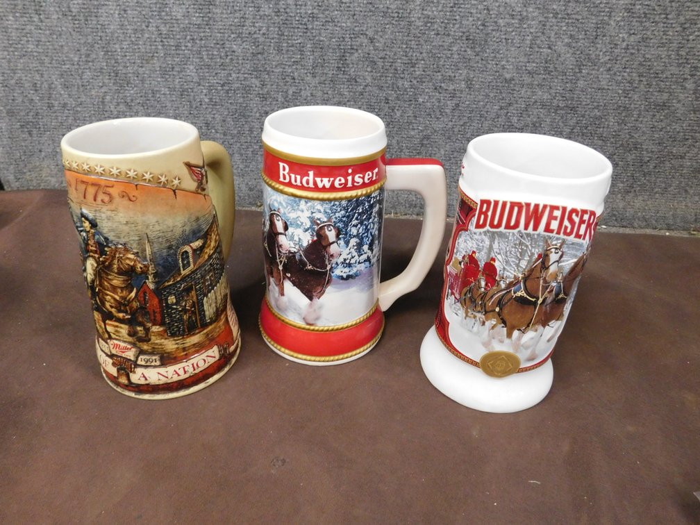 Two Budweiser Beer Steins, Miller Beer Stein