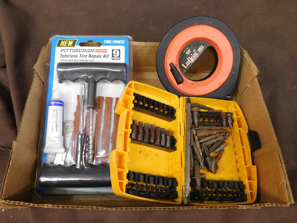 Tire Repair Kit, 50' Tape Measure, Bits