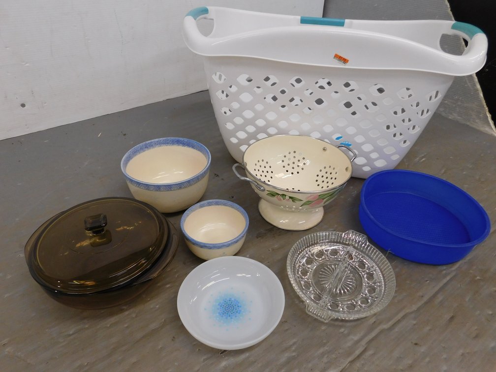Laundry Basket with Cookware, Colander etc.