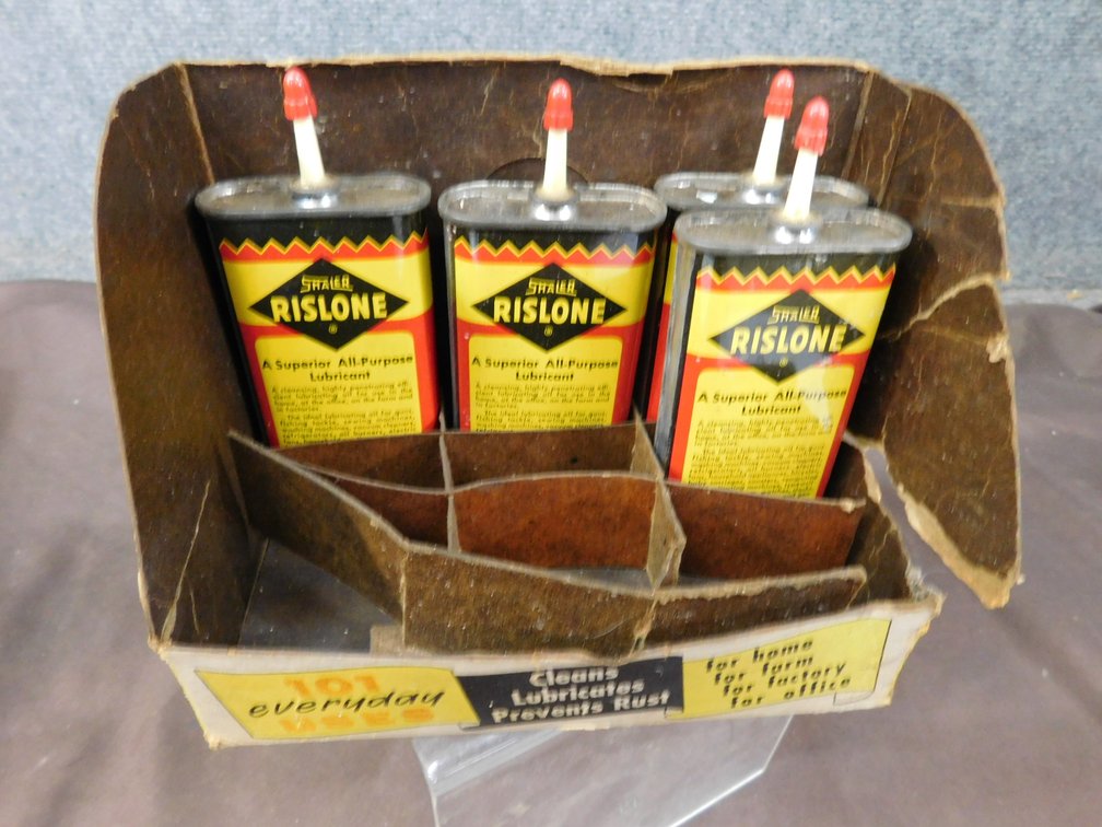 Vintage Shaler Rislone Lubricant Cans in Cardboard Display
