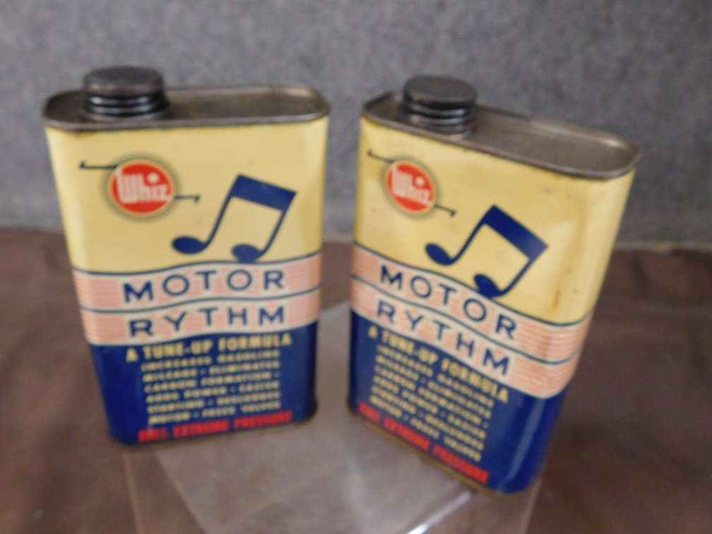 Two Vintage Whiz Motor Rhythm Tune Up Formula Tins, One is Full, One is Empty