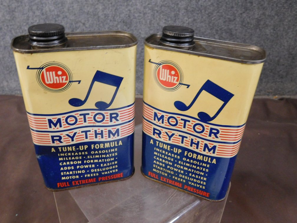 Two Vintage Whiz Motor Rhythm Tune Up Formula Tins, Empty