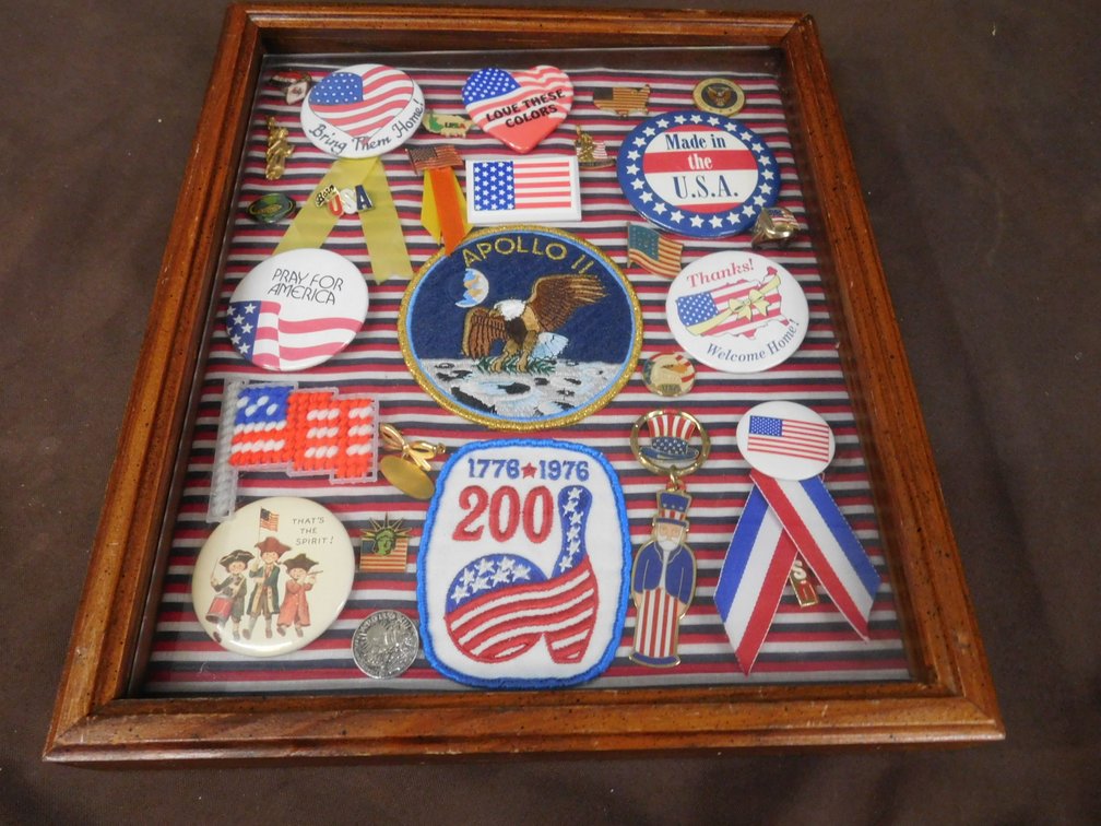 Shadow Box with Assorted Political Items, Badges, Buttons etc. 11" x 13"