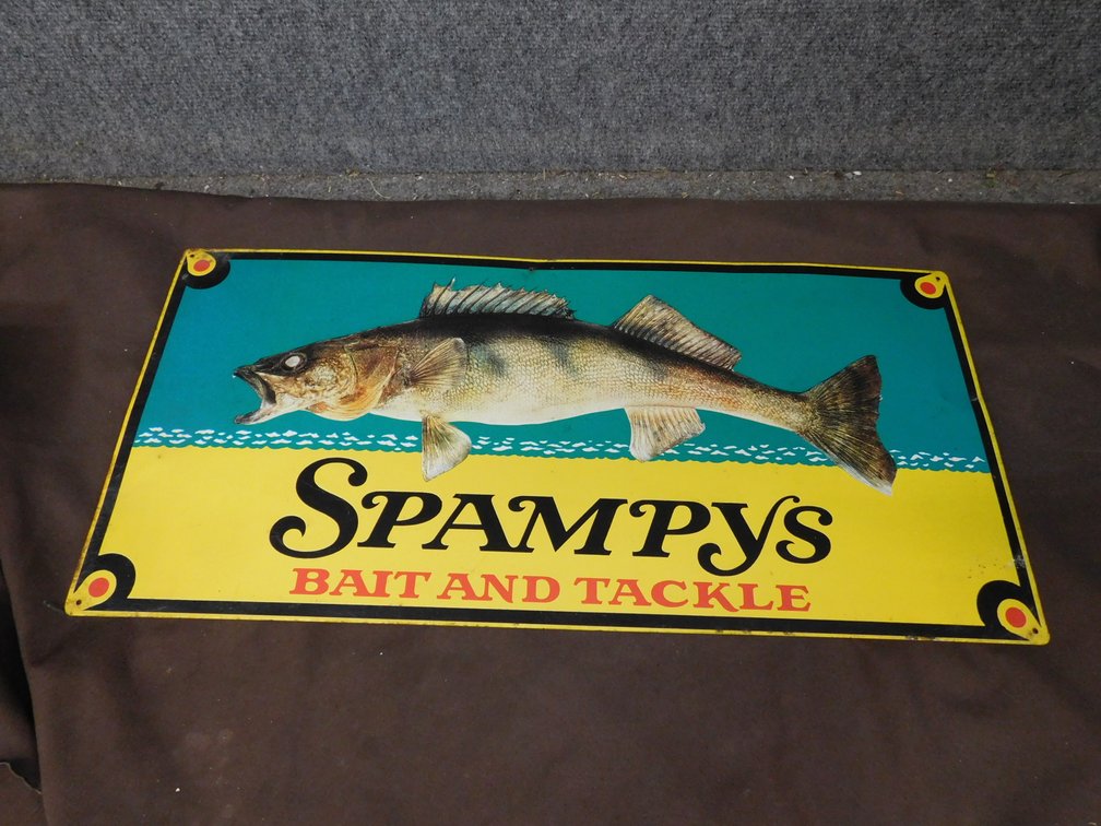 Metal Spampys Bait And Tackle Sign 11 1/2" x 23 1/2"