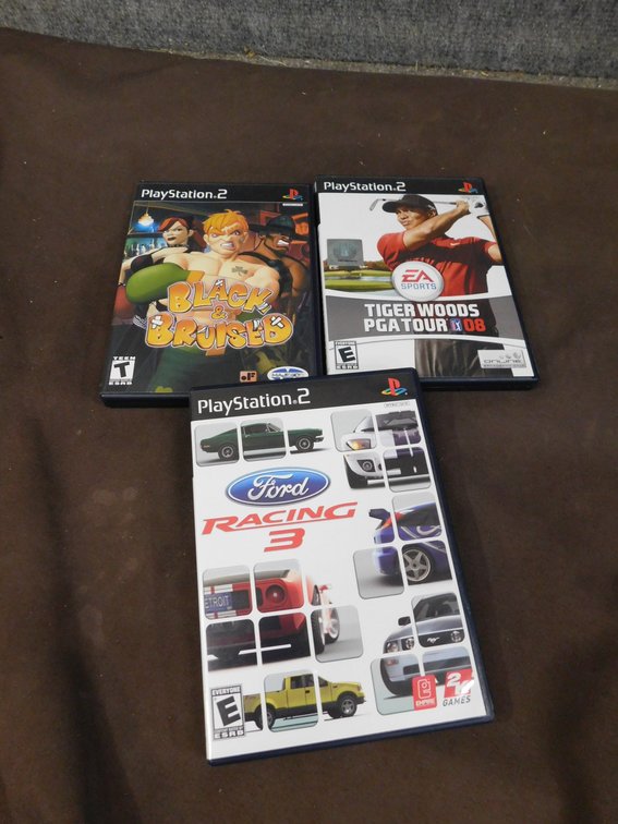 Three PlayStation 2 Video Games, Tiger Woods PGA Tour 08, Ford Racing 3, Black & Bruised